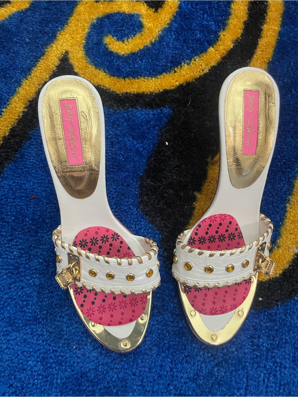Betsey Johnson White & Pink Gold-Accent Slide Mules